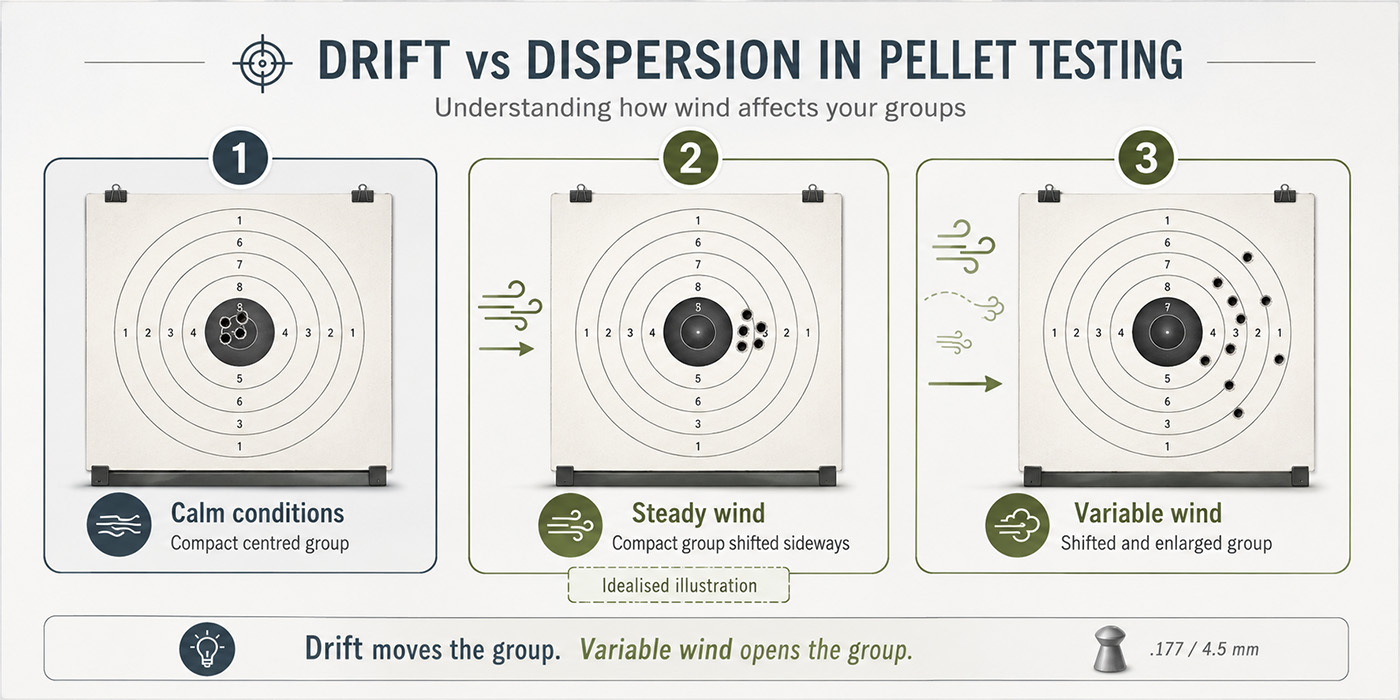 Diagram showing the difference between wind drift and wind dispersion in airgun pellet groups