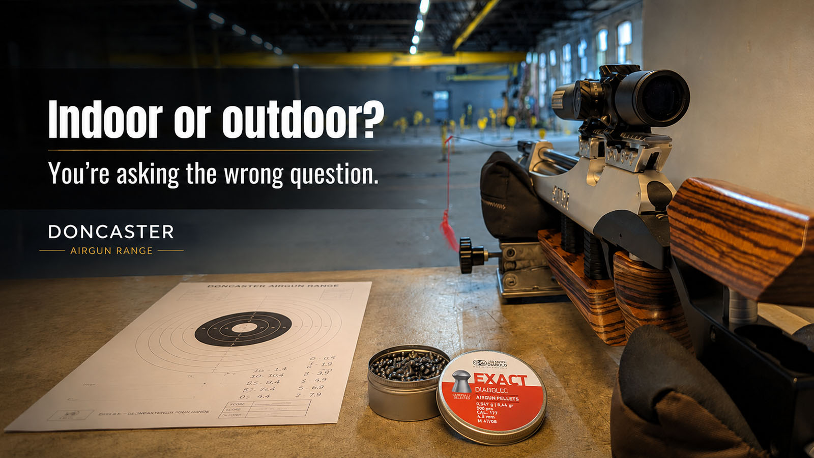 Air rifle pellet testing setup on an indoor shooting range
