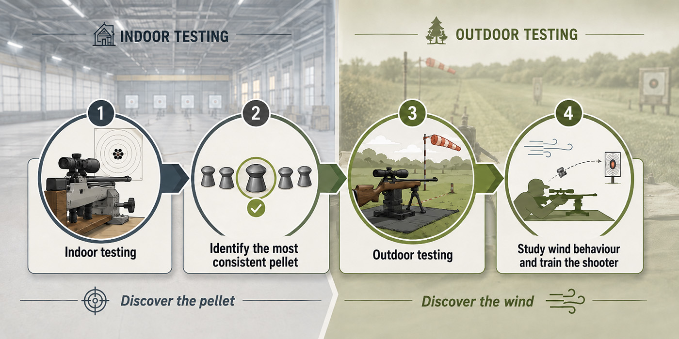 Two-stage airgun pellet testing process using indoor testing followed by outdoor wind testing